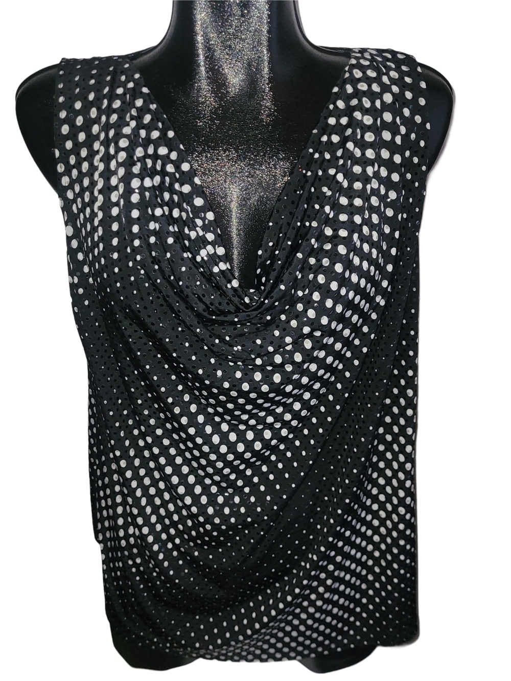 Penningtons Black and White Polka Dot Draped Cowl Neck Sleeveless Top